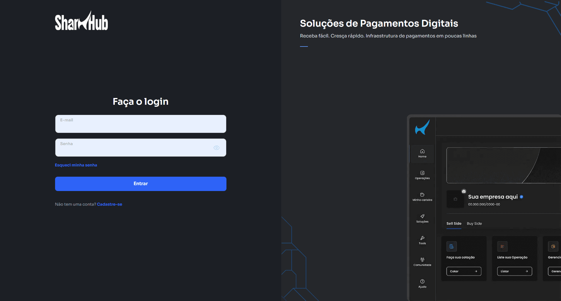 Tela de login da SharkHub