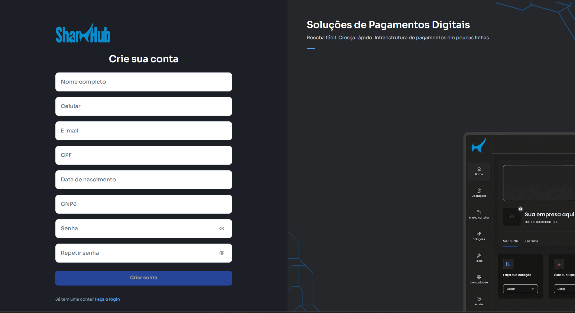 Tela de cadastro da SharkHub