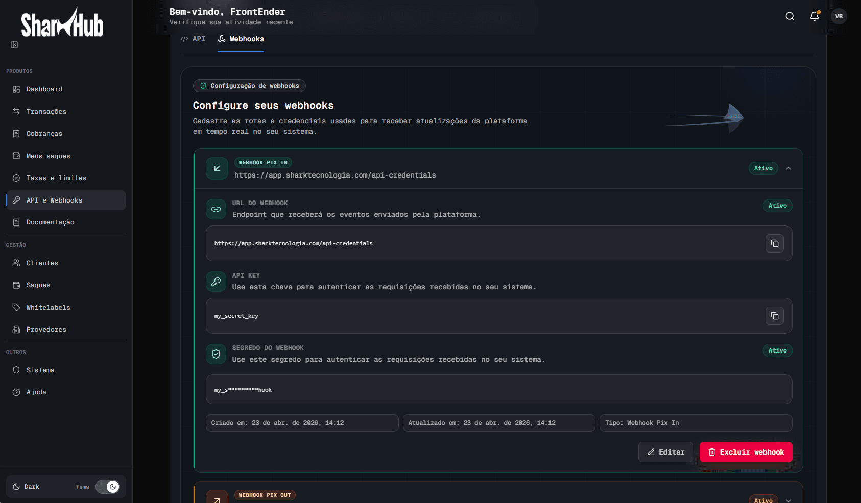 Container retrátil com dados do webhook