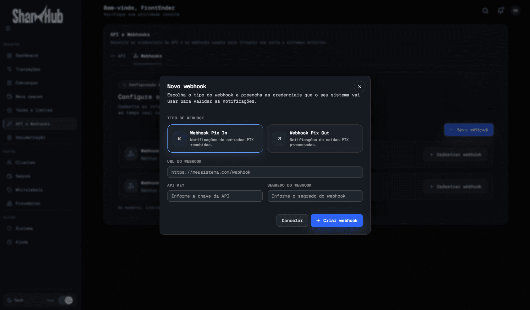 Formulário de cadastro de webhook no painel