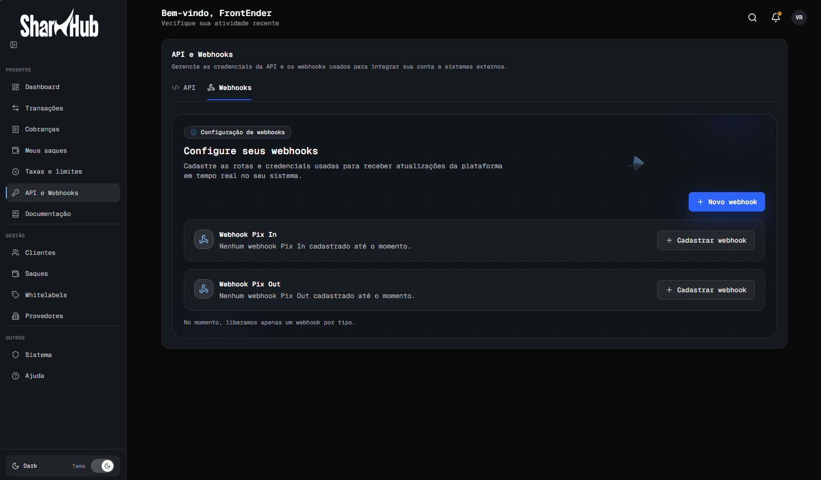 Tela de webhooks com os grupos Pix In e Pix Out