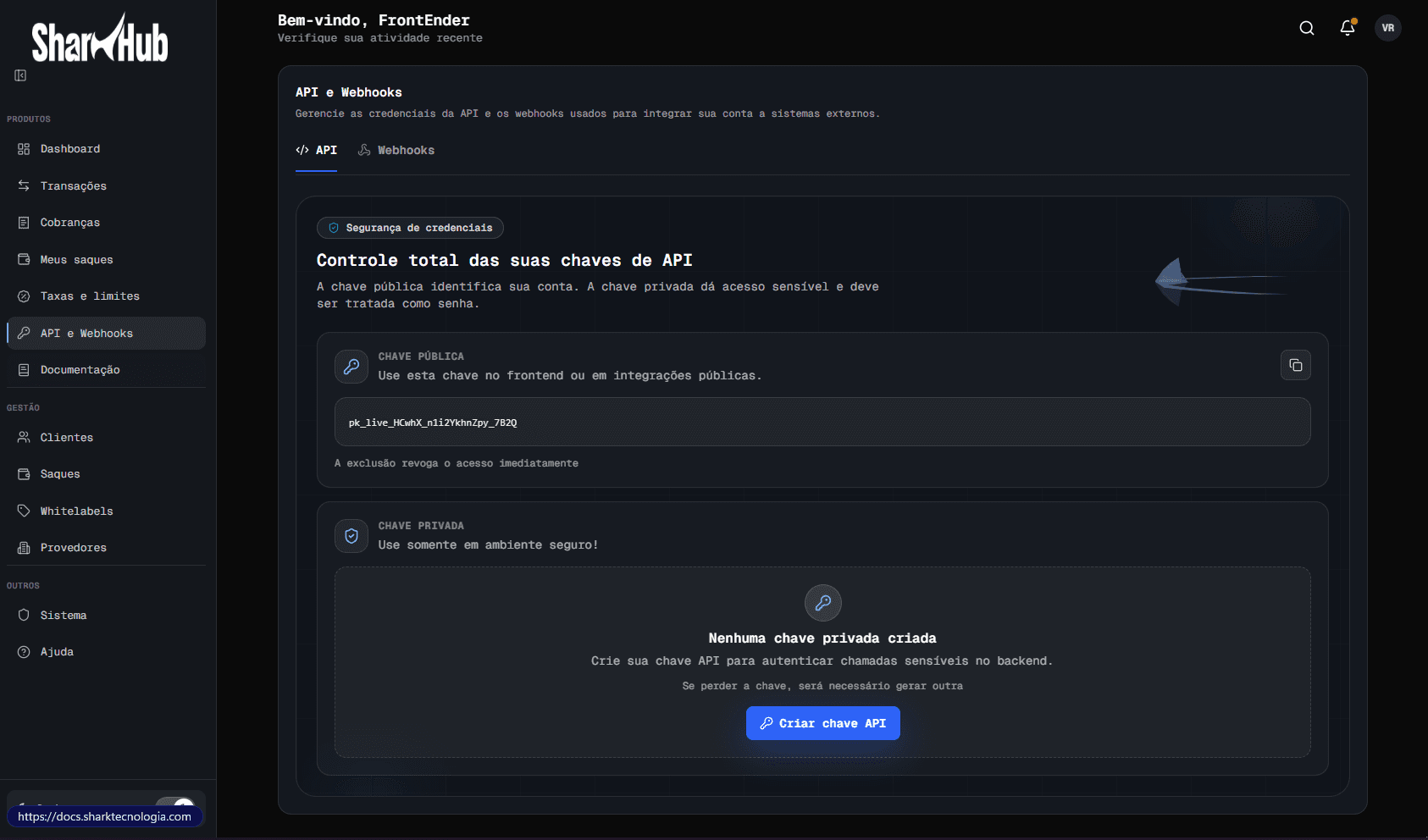 Menu lateral com a área de API selecionada