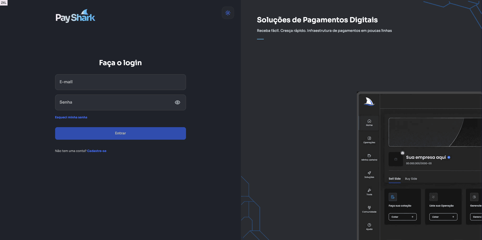 Tela de login da SharkHub