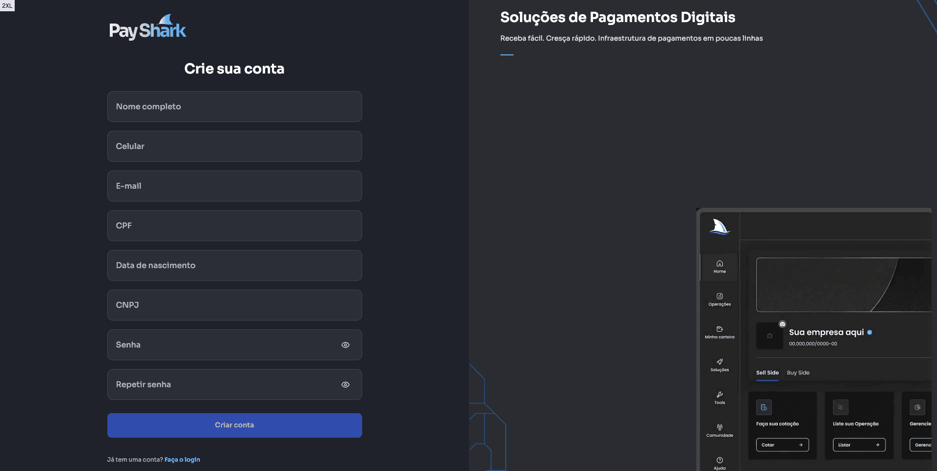 Tela de cadastro da SharkHub